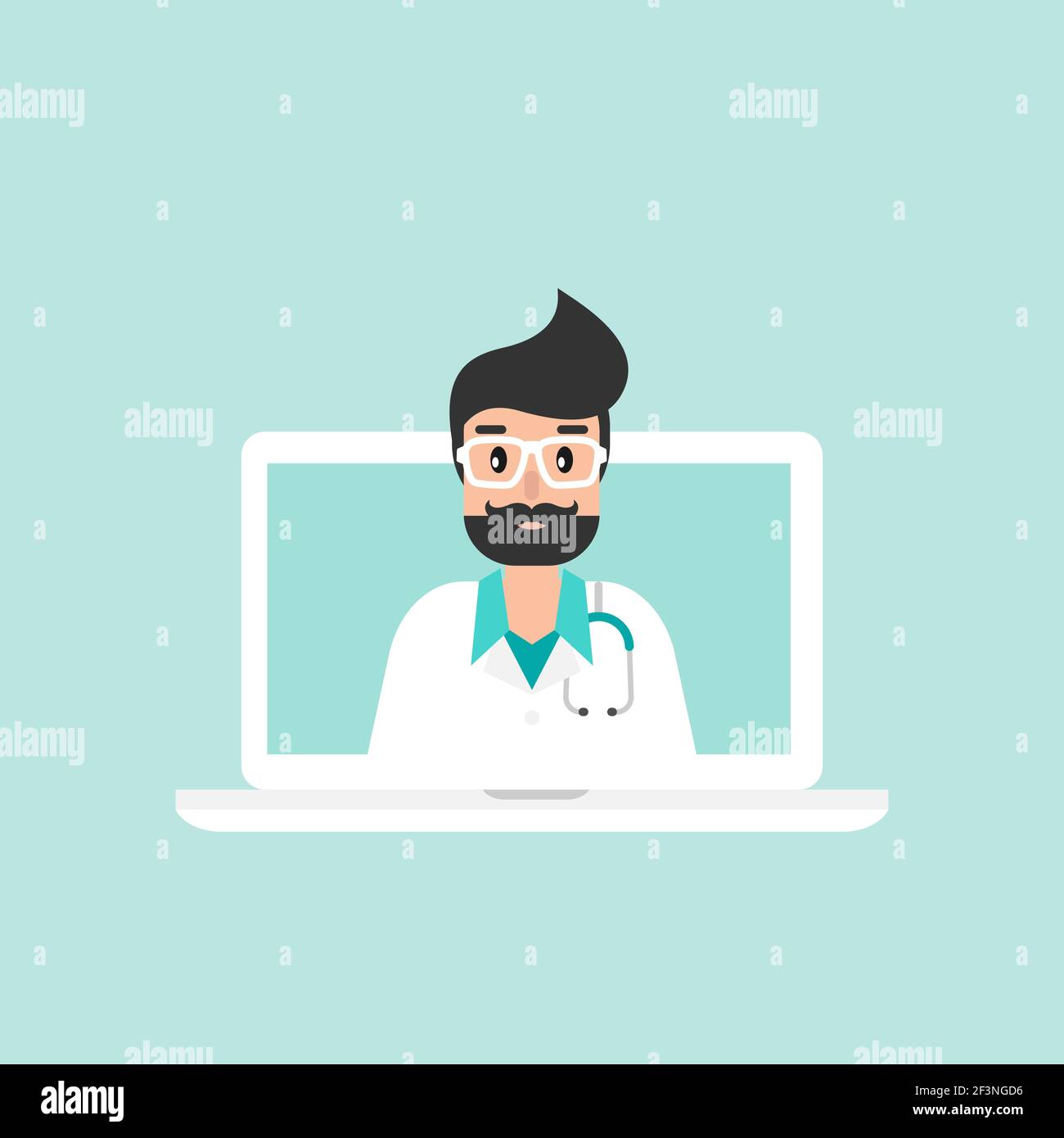 Medico uomo sullo schermo del computer portatile. Consultazione medica su Internet. Servizio web di consulenza sanitaria. Assistenza ospedaliera online. Medico di computer. Chiedi un documento Illustrazione Vettoriale