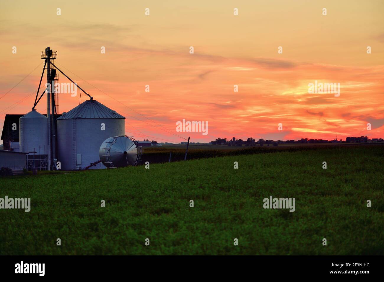 Burlington, Illinois, Stati Uniti. Il sole che tramonta oltre i silos di stoccaggio in una fattoria nel Midwest degli Stati Uniti. Foto Stock