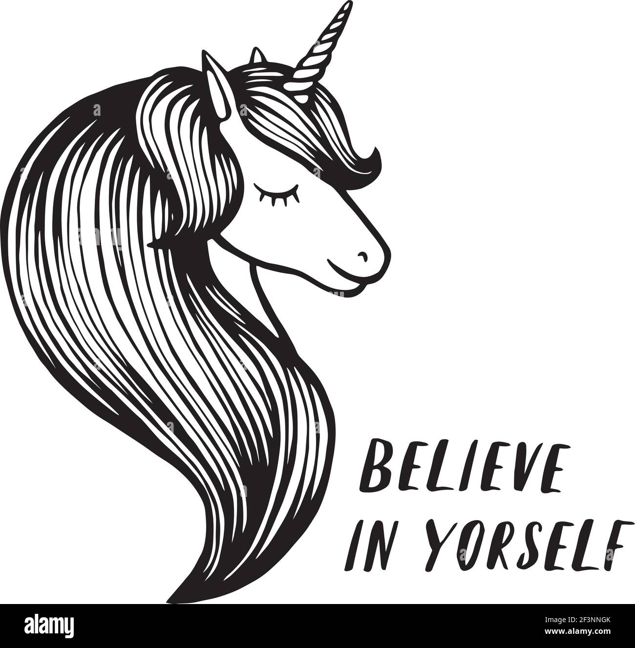 disegno di illustrazione vettoriale. Cute unicorn grafica stampa isolato su sfondo bianco. Adesivo cavallo con ritratto della testa, badge patch. Illustrazione Vettoriale