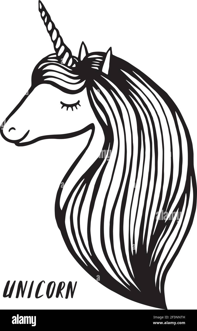 disegno di illustrazione vettoriale. Cute unicorn grafica stampa isolato su sfondo bianco. Adesivo cavallo con ritratto della testa, badge patch. Illustrazione Vettoriale