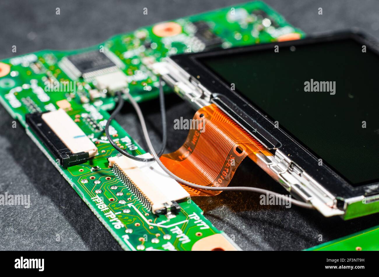 Scheda elettronica verde con un monitor collegato attraverso un piano cavo a nastro per il collegamento di un chip Foto Stock