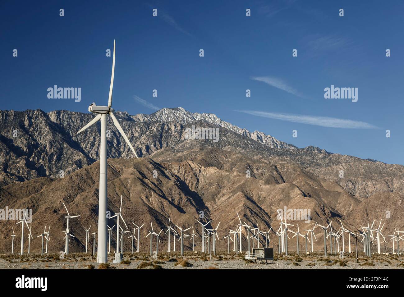 Mulini a vento e Monti San Jacinto (Mount San Jacinto, 10,831 piedi), San Gorgonio Pass Wind Farm, vicino a Palm Springs, California USA Foto Stock