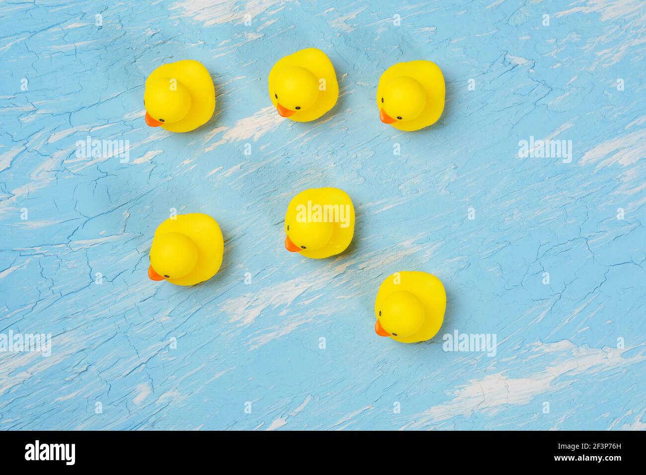 anatre di gomma gialle su sfondo blu. Design minimo Foto Stock