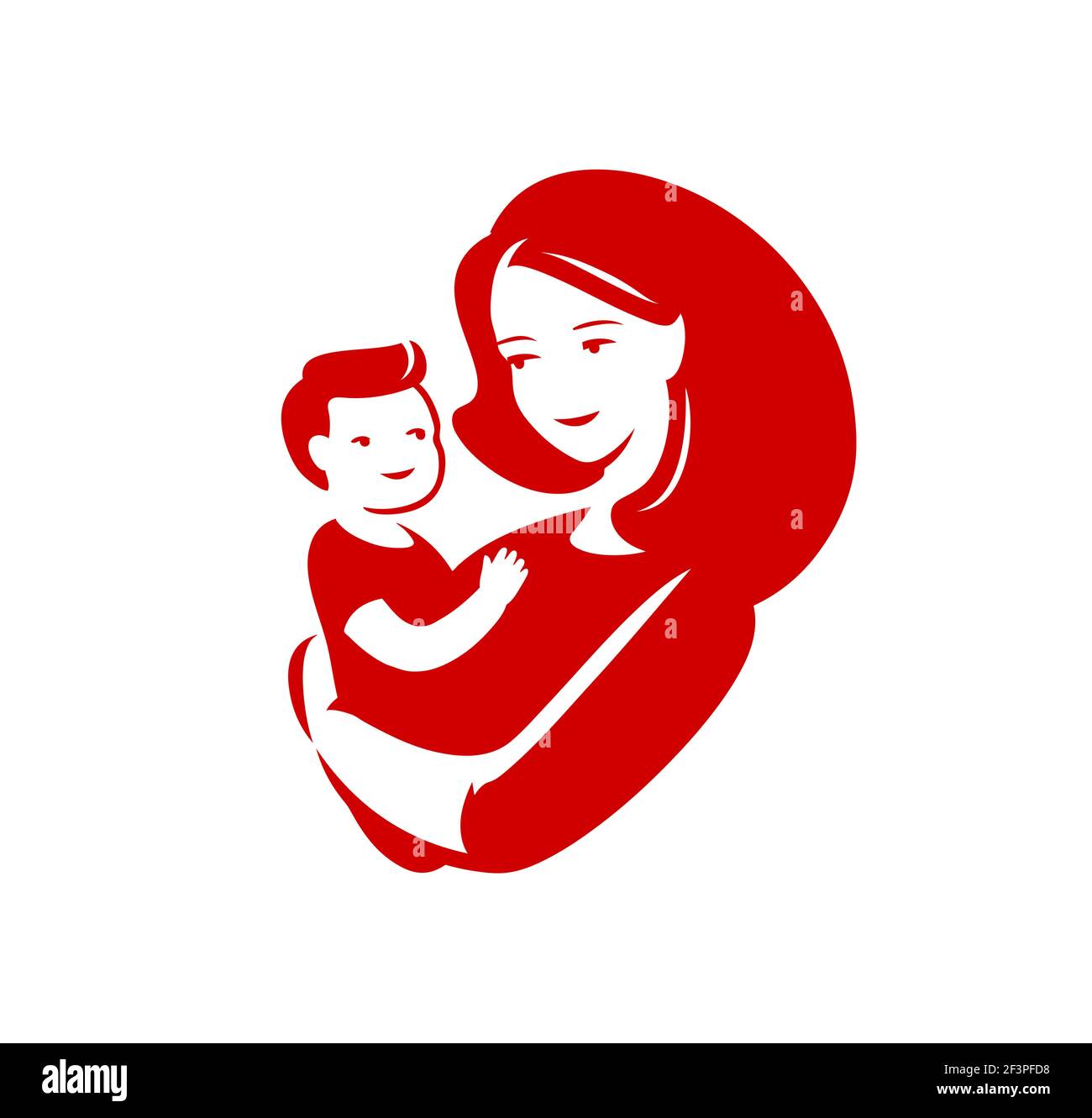 Madre amorevole abbracci piccolo simbolo del bambino. Giornata delle madri, illustrazione vettoriale del logo della maternità Illustrazione Vettoriale