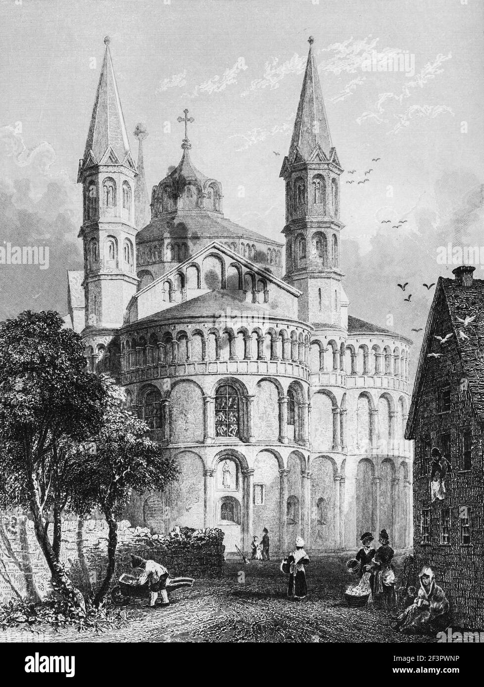 Chiesa degli Apostoli a Colonia, fiume Reno, Nord Reno-Westfalia, Germania, incisione in acciaio del 1832 Foto Stock