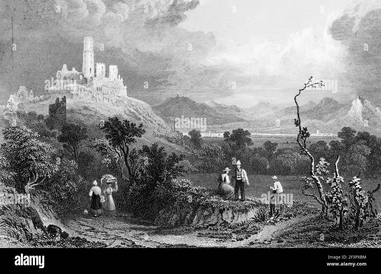 Vista panoramica con le rovine del castello di Godesberg, giovane uomo e donna, fiume Reno, Renania settentrionale-Vestfalia, Germania, incisione in acciaio del 1832 Foto Stock