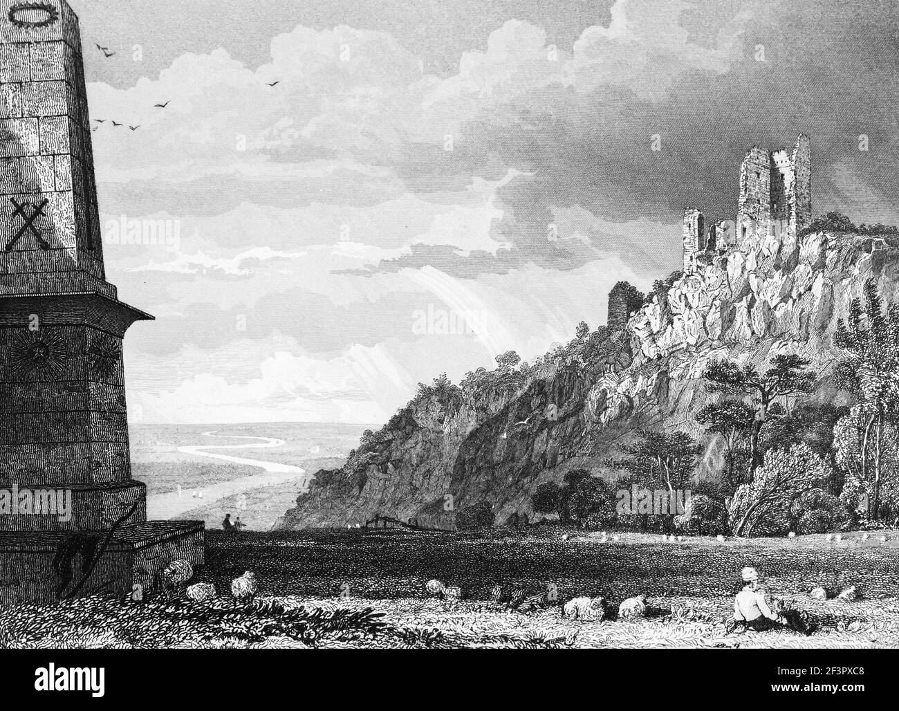 Vista panoramica con rovine del castello Drachenfels, fiume Reno, Nord Reno-Westfalia, Germania, incisione in acciaio del 1832 Foto Stock