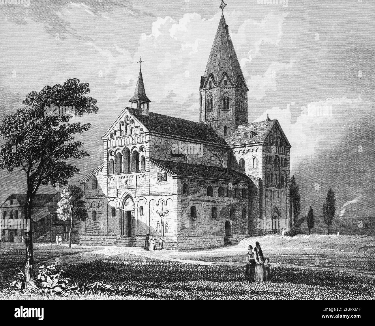 Chiesa cattolica di San Pietro´s nella città di Sinzig sul Reno, Renania-Palatinato, Germania, incisione in acciaio del 1832 Foto Stock