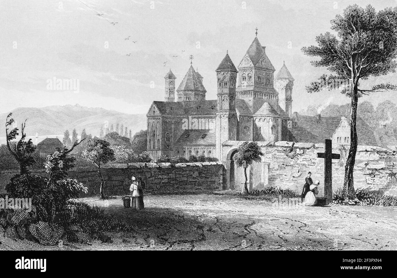 Convento benedettino romanico di Laach, al largo del Reno fondato nel 1093, fiume Reno, Renania-Palatinato, Germania, incisione in acciaio del 1832 Foto Stock
