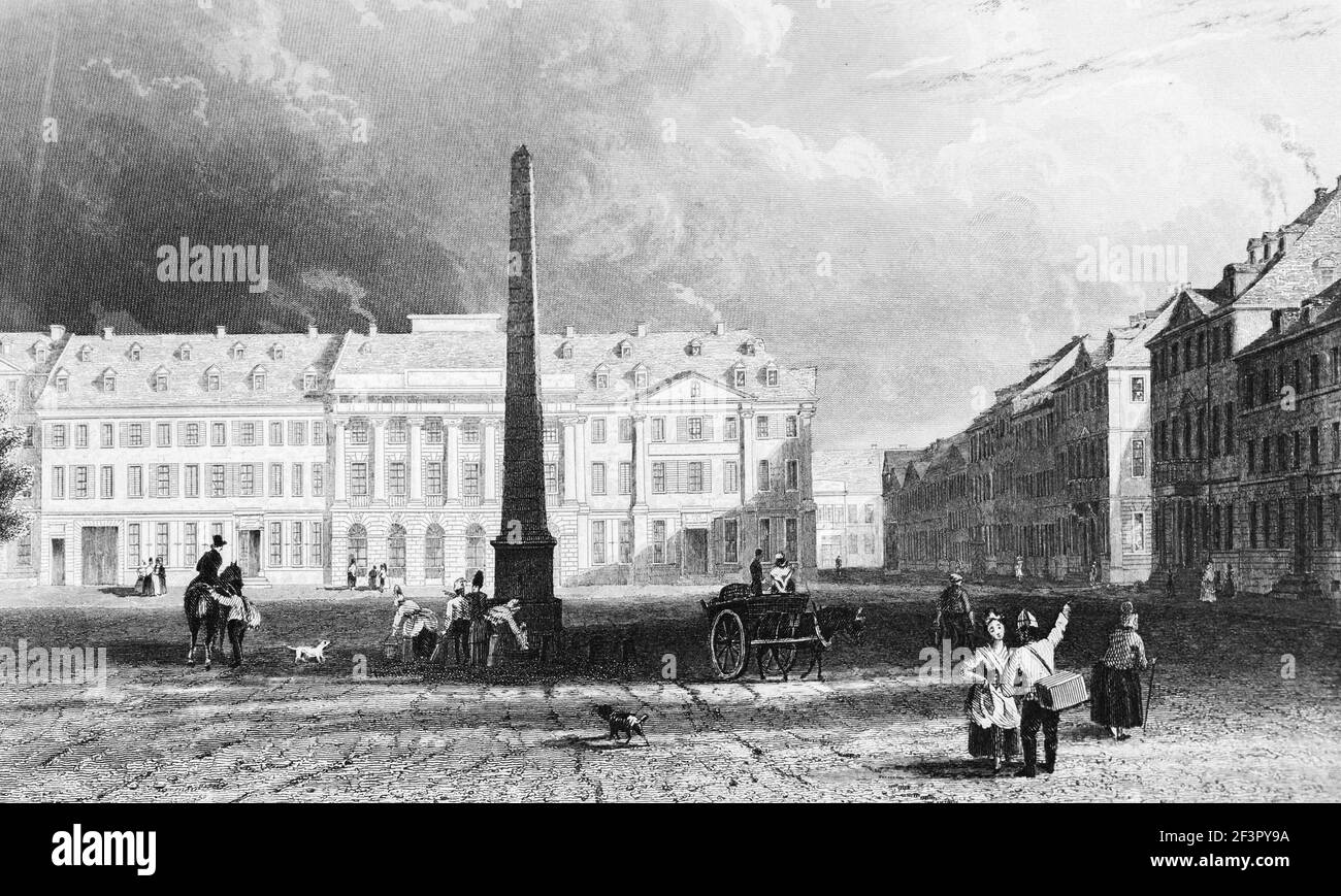 Piazza San Clementio a Coblenza, fiume Reno, Renania-Palatinato, Germania, incisione in acciaio del 1832 Foto Stock