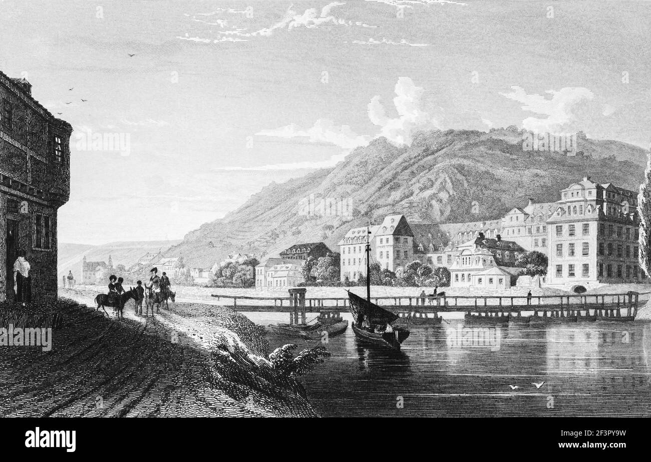 Spa Bad EMS sul fiume Lahn, affluente del Reno, Renania-Palatinato, Germania, incisione in acciaio del 1832 Foto Stock