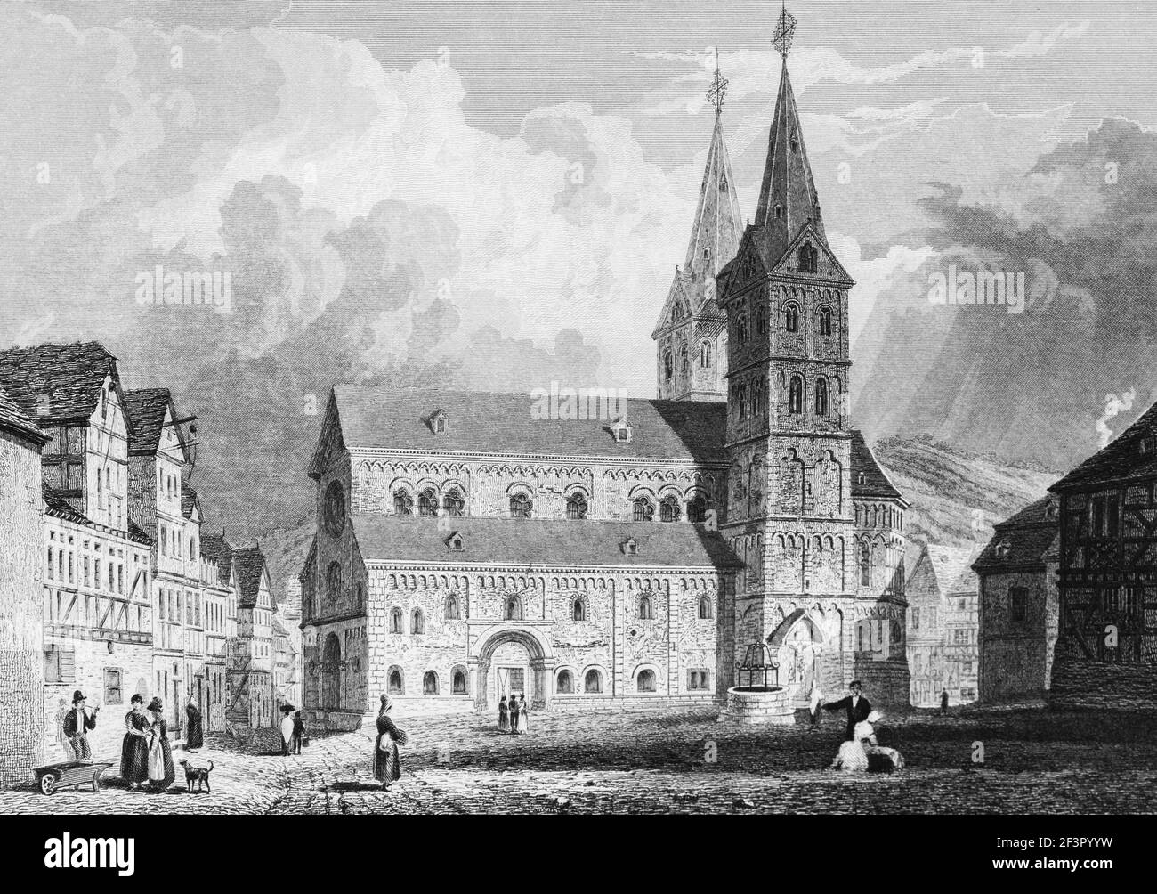 Chiesa di Boppard sulla piazza del mercato, fiume Reno, Renania-Palatinato, Germania, incisione in acciaio del 1832 Foto Stock