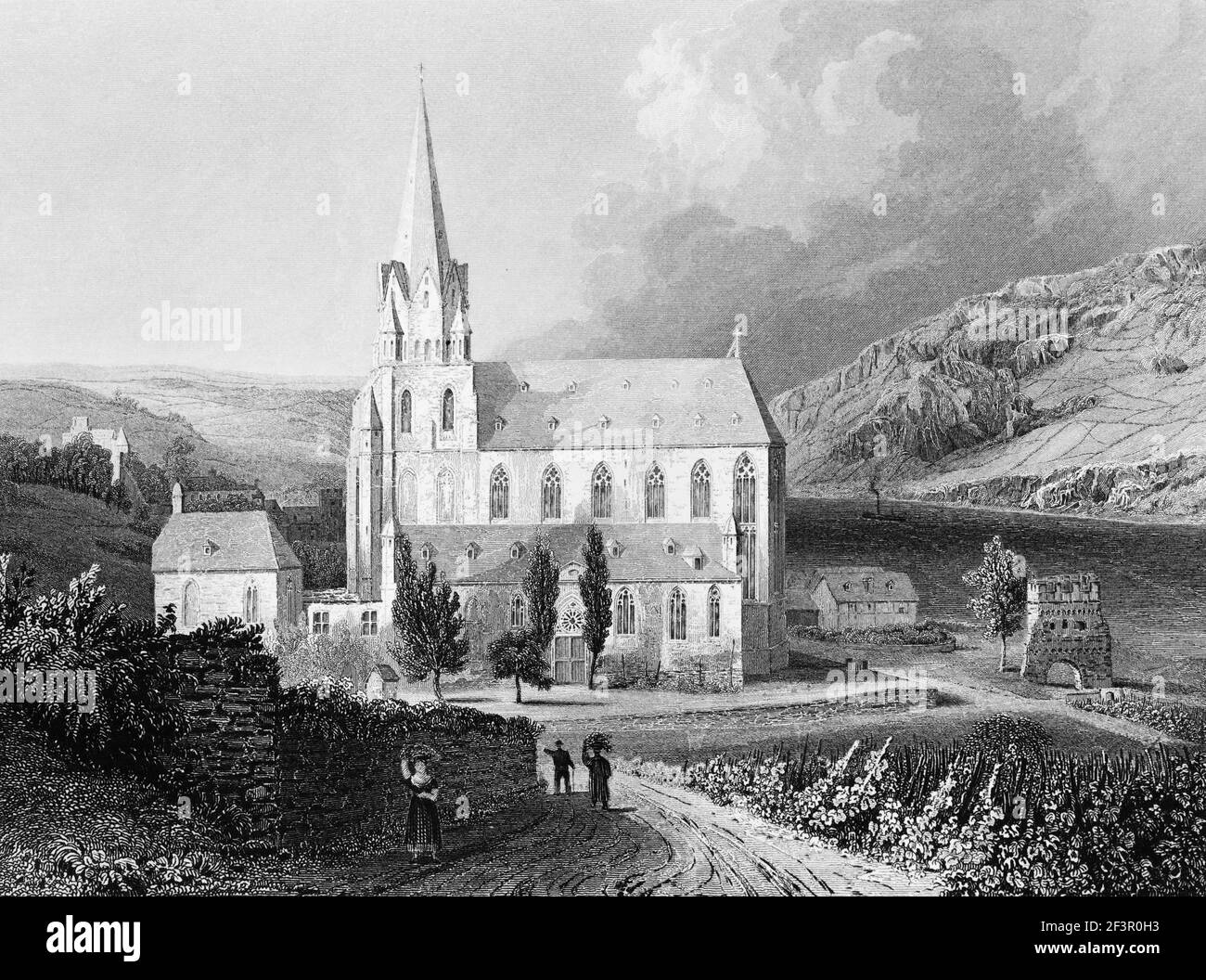 Chiesa della Vergine Maria a Oberwesel sul Reno, Renania-Palatinato, Germania, incisione in acciaio del 1832 Foto Stock