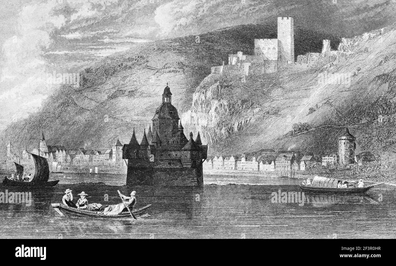 Castello di Pfalz, un antico castello a pedaggio, e le rovine di Gutenfels a Kaub sul fiume Reno, Renania-Palatinato, Germania, incisione in acciaio del 1832 Foto Stock