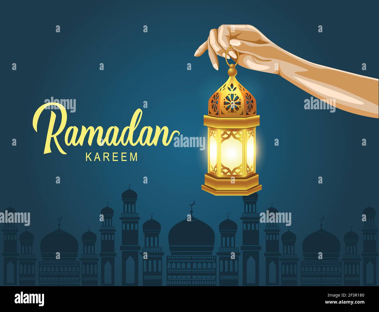 ramadan kareem saluti. mano ragazza con lanterna arabica dorata. illustrazione vettoriale Illustrazione Vettoriale