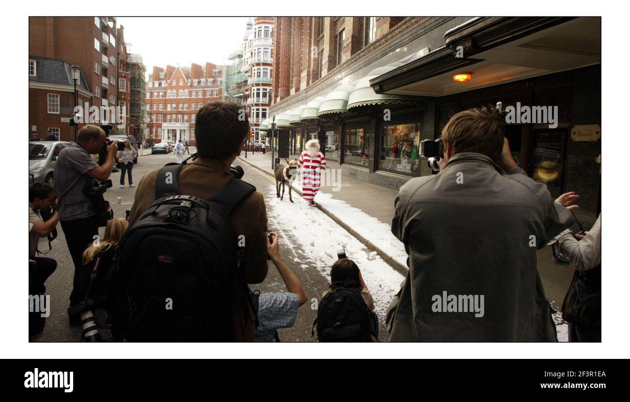 Padre Christmas e il suo asino Dino sul mare posano per delle fotografie all'esterno di un Harrods innevato prima di portare gli ospiti in un tour di Christmas World al terzo piano del negozio Knightsbridge, il 9 agosto 2005 a Londra, Inghilterra. In tutto il negozio sono presenti più di 15.000 piedi quadrati di spazio dedicato al Natale. Con una macchina da neve artificiale che combatte contro il calore estivo, Padre Christmas e il suo asino sul mare Dino arrivano fuori da un ingresso innevato ad Harrods per il lancio di Christmas World al negozio Knightsbridge di Londra. pic David Sandison 9/8/2005 Foto Stock