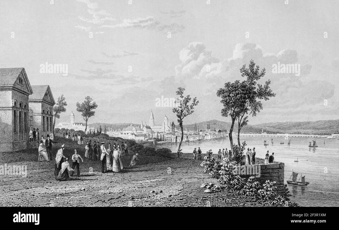 Vista di Mayence dal lungofiume con le persone nei loro abiti domenicali, fiume Reno, Renania-Palatinato, Germania, incisione in acciaio, 1832 Foto Stock