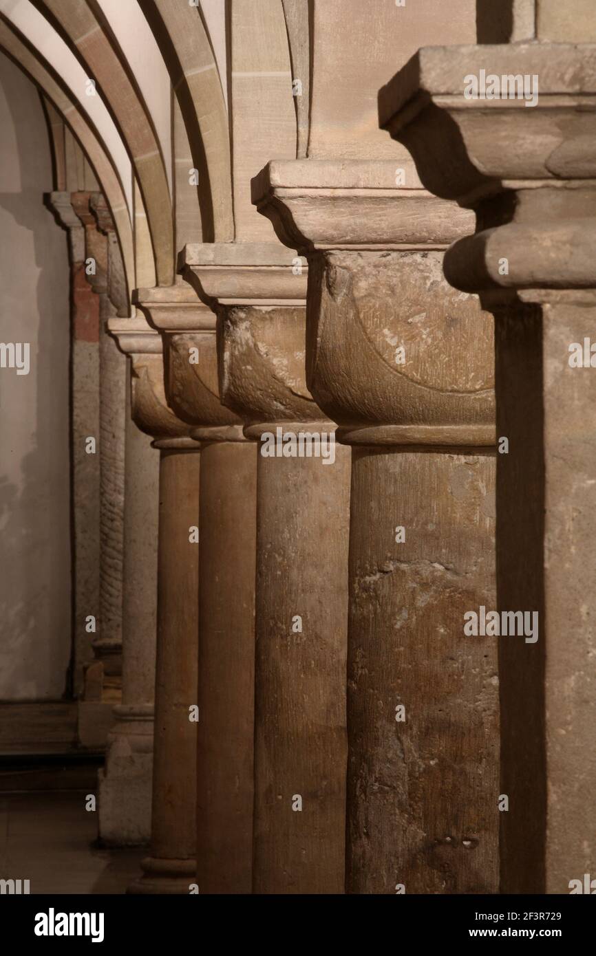 Colonne e archi in pietra della cripta della cattedrale di Bonn, Germania Foto Stock