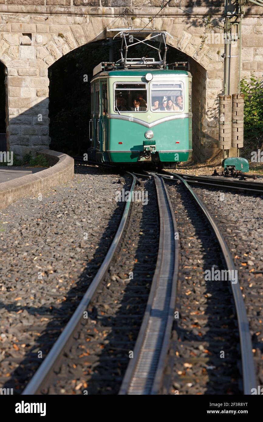 Triebwagen an der Mittelstation unter einer Br¸cke, Kˆnigswinter, Drachenfelsbahn Foto Stock