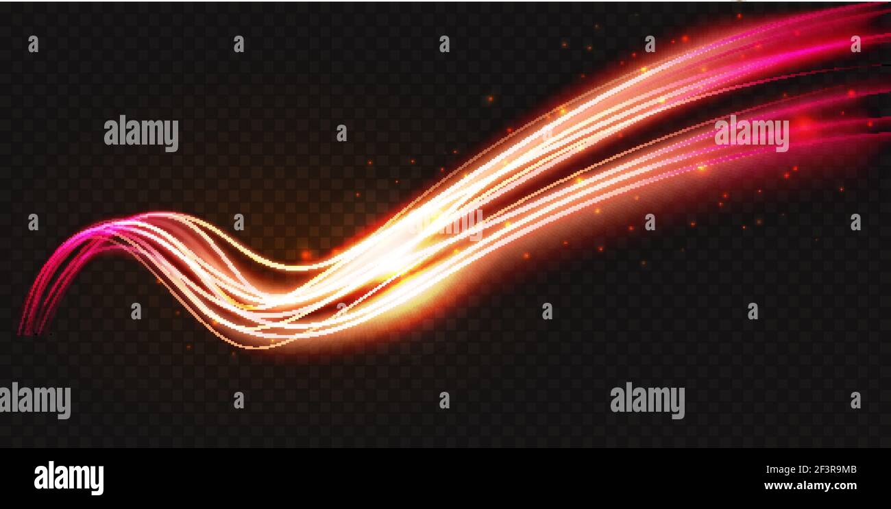 Forma d'onda al neon luminoso, illustrazione vettoriale astratta dell'effetto luminoso. Linee curve luminose e ondulate, flusso di energia magico con Illustrazione Vettoriale