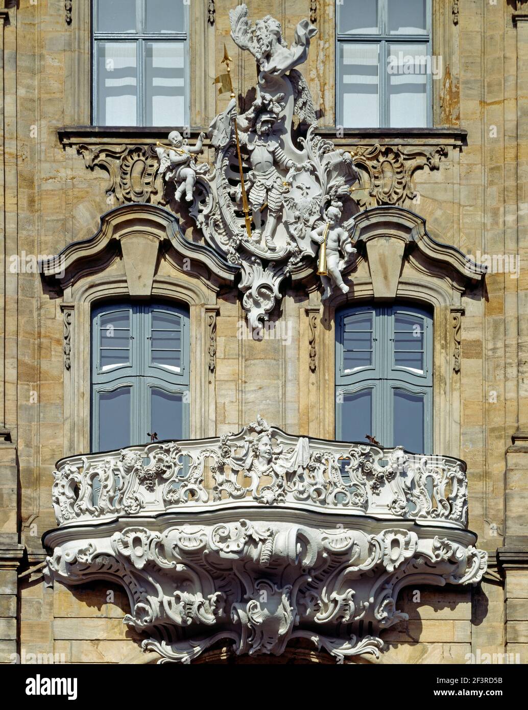 Bamberga, Fr¸ckenrathaus. Erbaut 1461-1467. Umgestaltet 1744 bis 1756 von Johann Jakob Michael K¸chel. Balkon, Bamberga, Br¸ckenrathaus Foto Stock