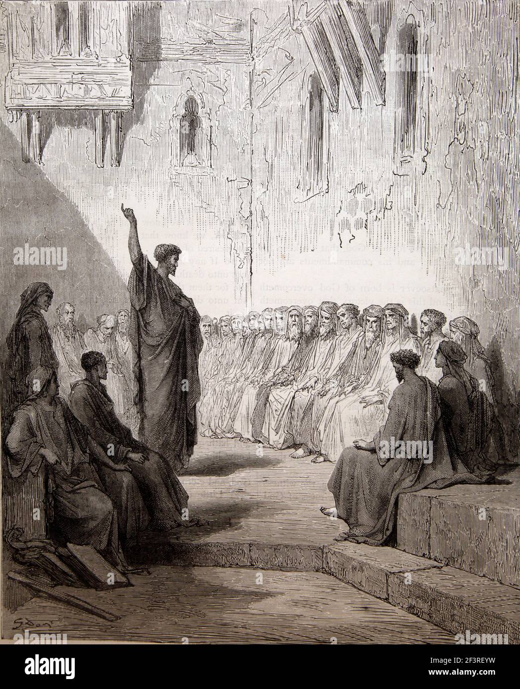 Storie bibliche - Illustrazione di San Paolo che predica il Tessalonicesi del nuovo Testamento Tessalonicesi 2:11-12 Foto Stock