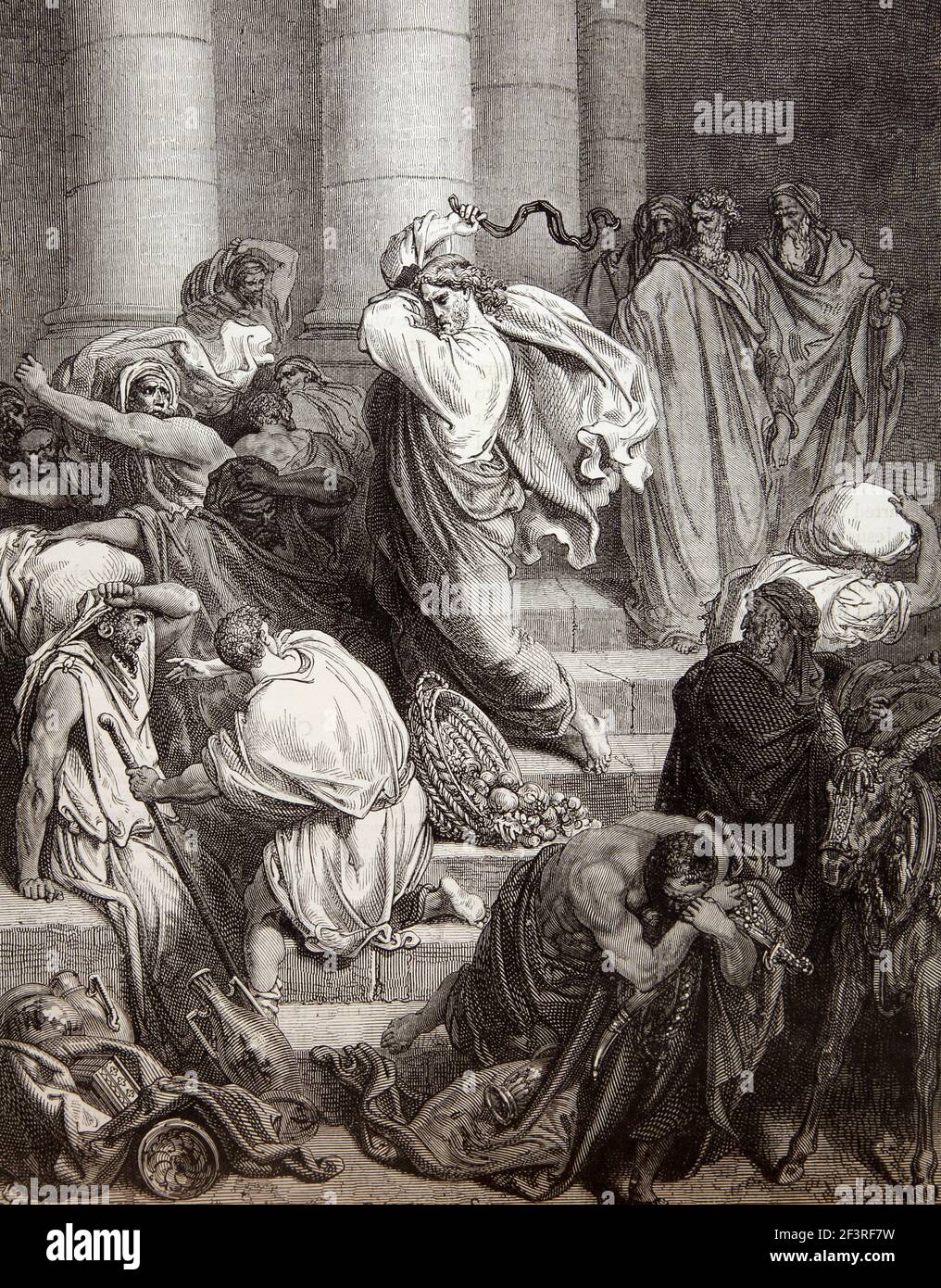 Storie bibliche Illustrazione di 'gli acquirenti e venditori cacciati fuori Del Tempio - Gesù Cristo pulizia del Tempio dentro Gerusalemme Foto Stock