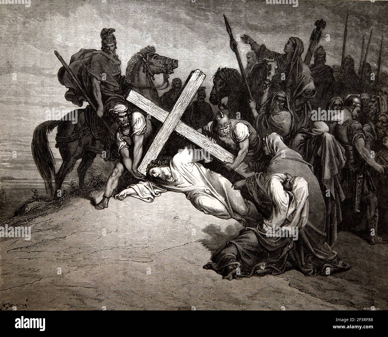 Storie bibliche - Illustrazione di Gesù 'l'arrivo al Calvario' Cristo cade sotto la Croce dal nuovo Testamento Matteo 27:33-34 Foto Stock