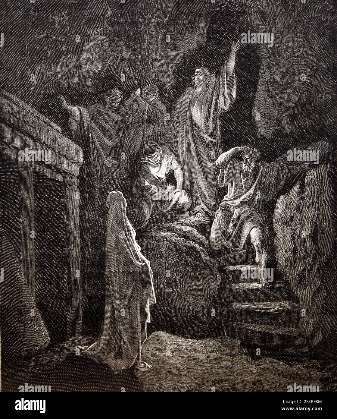 Storie bibliche- Illustrazione di Gesù Cristo 'la Resurrezione di Lazura' Risorgere Lazzaro di Betania dal nuovo Testamento Giovanni 11:41-43 Foto Stock