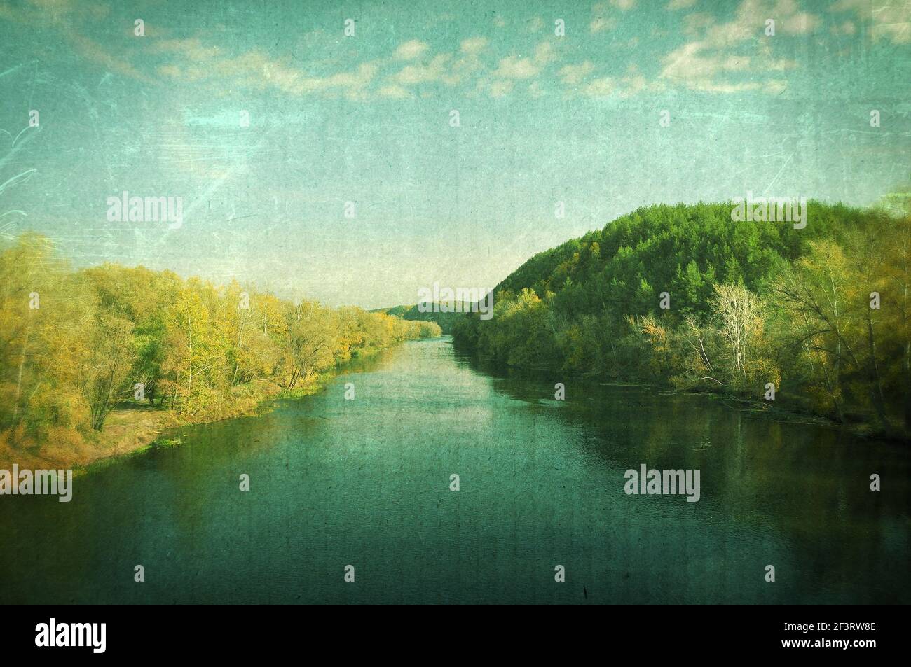 Paesaggio autunnale stilizzato in grunge e stile retrò. Carta vecchia. Foto Stock