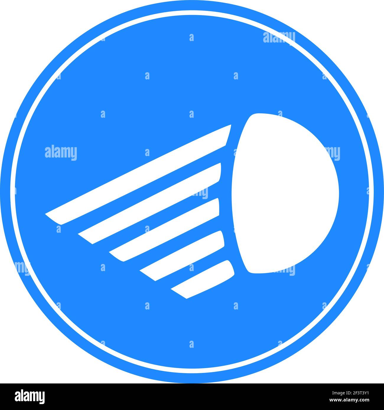 Segnale di traffico arrotondato in blu e bianco, isolato su sfondo bianco. Obbligatorio per l'uso dell'illuminazione a corto raggio Illustrazione Vettoriale