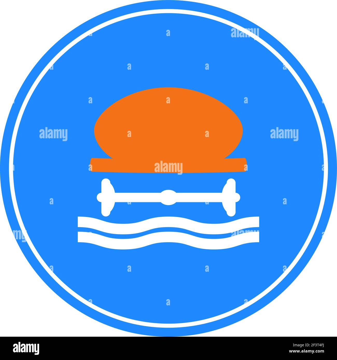 Segnale di traffico arrotondato in blu e bianco, isolato su sfondo bianco. Strada obbligatoria per i veicoli che trasportano prodotti che inquinano l'acqua Illustrazione Vettoriale