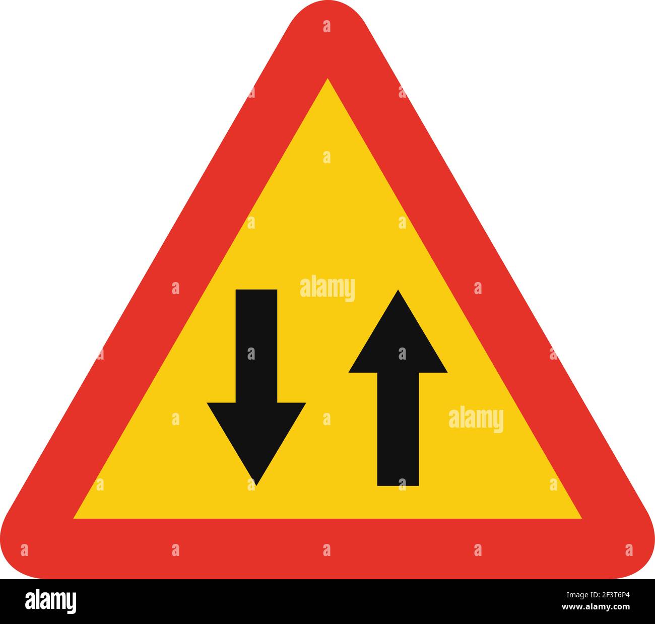 Segnale stradale triangolare in giallo e rosso, isolato su sfondo bianco. Avviso temporaneo di traffico a due vie diritto Illustrazione Vettoriale