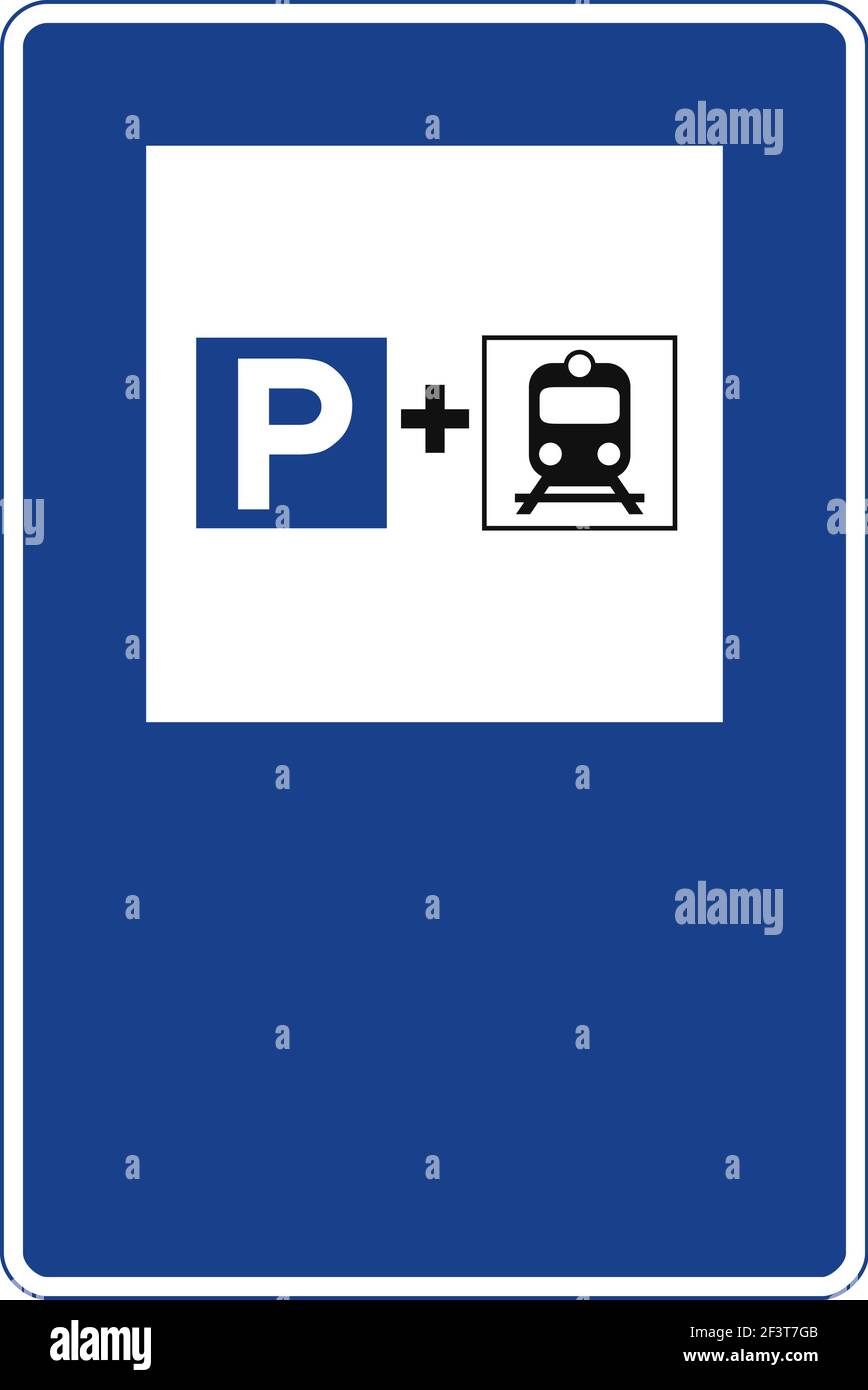 Segnale stradale rettangolare in blu e bianco, isolato su sfondo bianco. Parcheggio per gli utenti ferroviari Illustrazione Vettoriale
