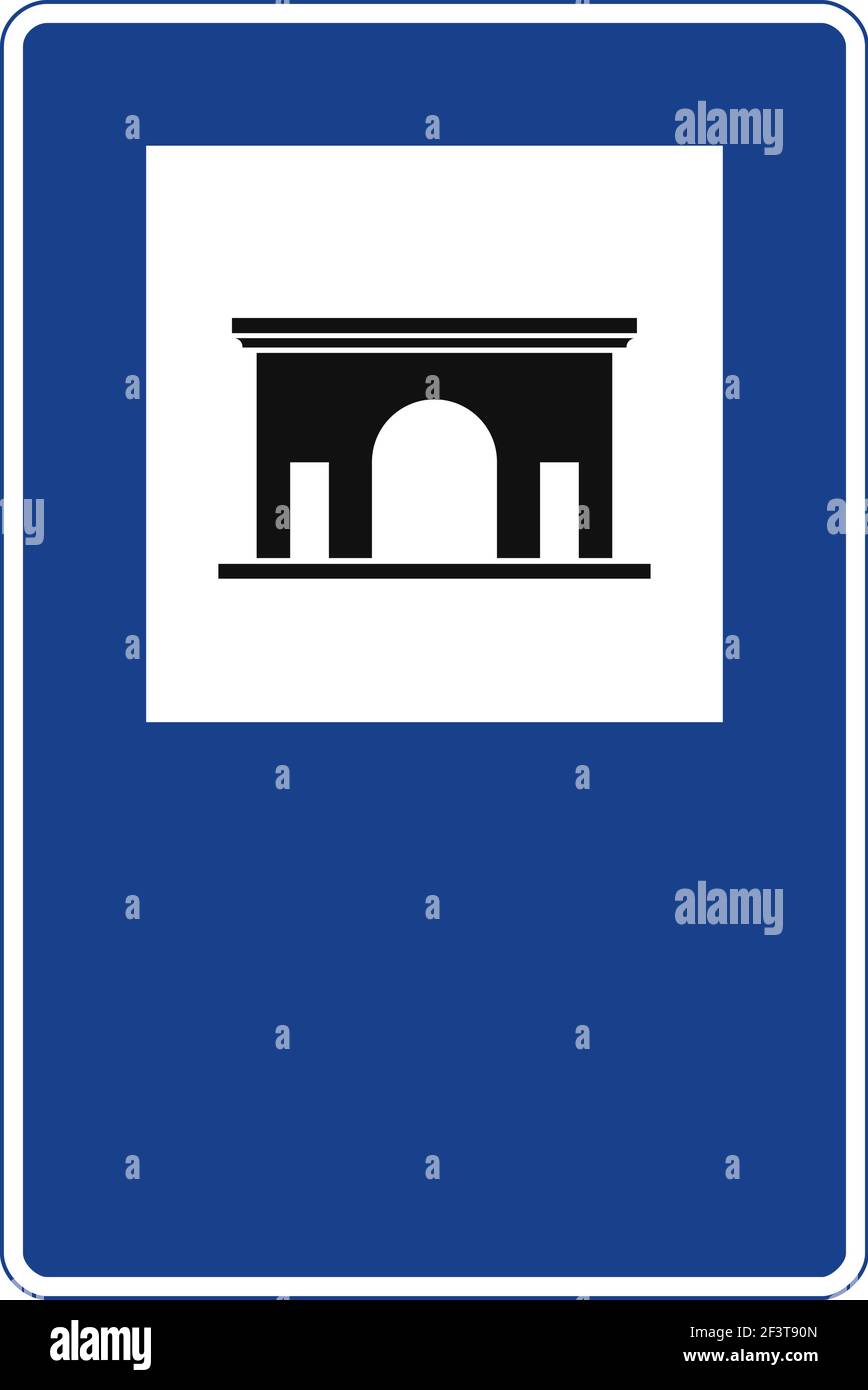 Segnale stradale rettangolare in blu e bianco, isolato su sfondo bianco. Monumento Illustrazione Vettoriale