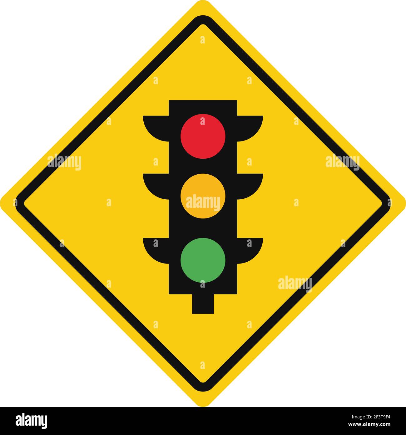 Segnale di traffico romboide in giallo e nero, isolato su sfondo bianco. Avvertimento dei semafori antistante Illustrazione Vettoriale