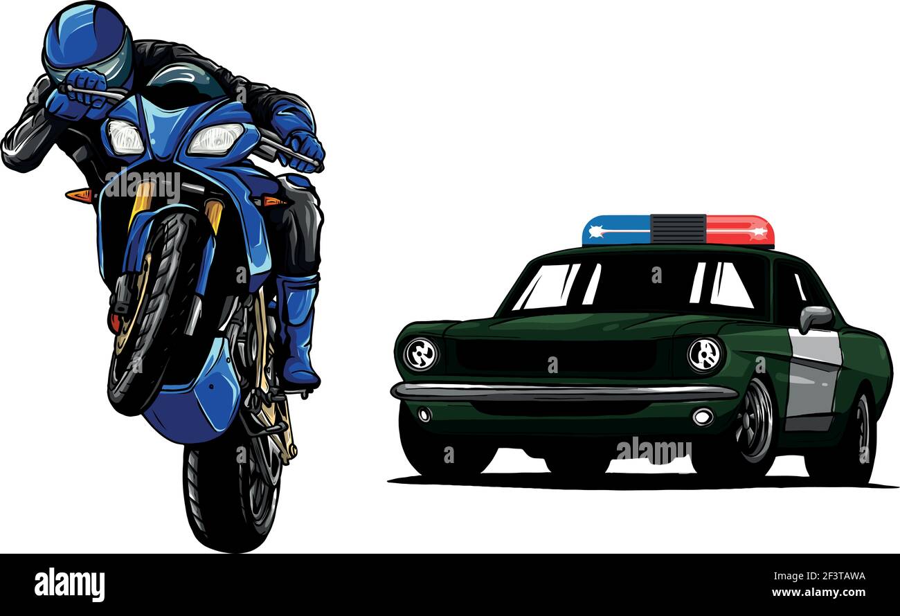 L'automobile della polizia sta inseguendo un criminale su una motocicletta. Illustrazione Vettoriale