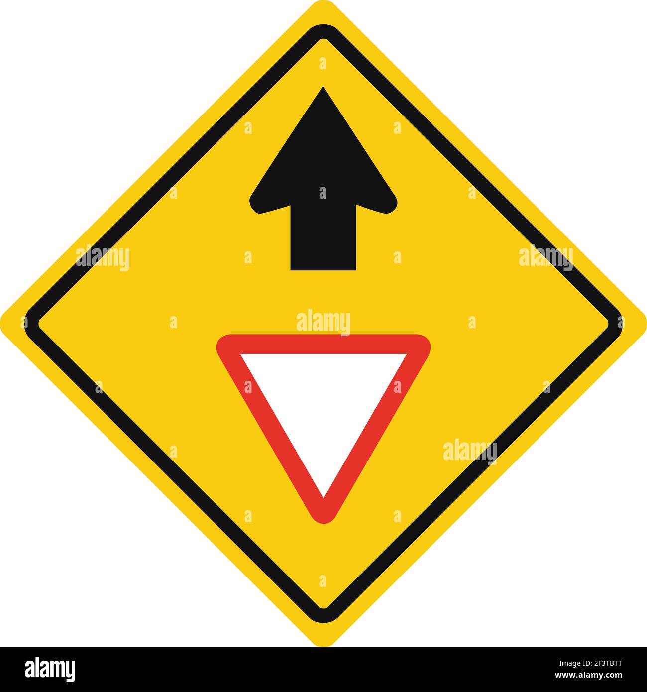 Segnale di traffico romboide in giallo e nero, isolato su sfondo bianco. Avviso di resa anticipata Illustrazione Vettoriale