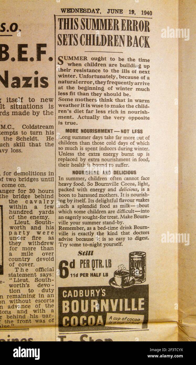 Annuncio per Bournville Cocoa (bevanda calda al cioccolato) di Cadbury nel quotidiano Daily Sketch (replica), 19 giugno 1940 (durante la battaglia di Gran Bretagna). Foto Stock