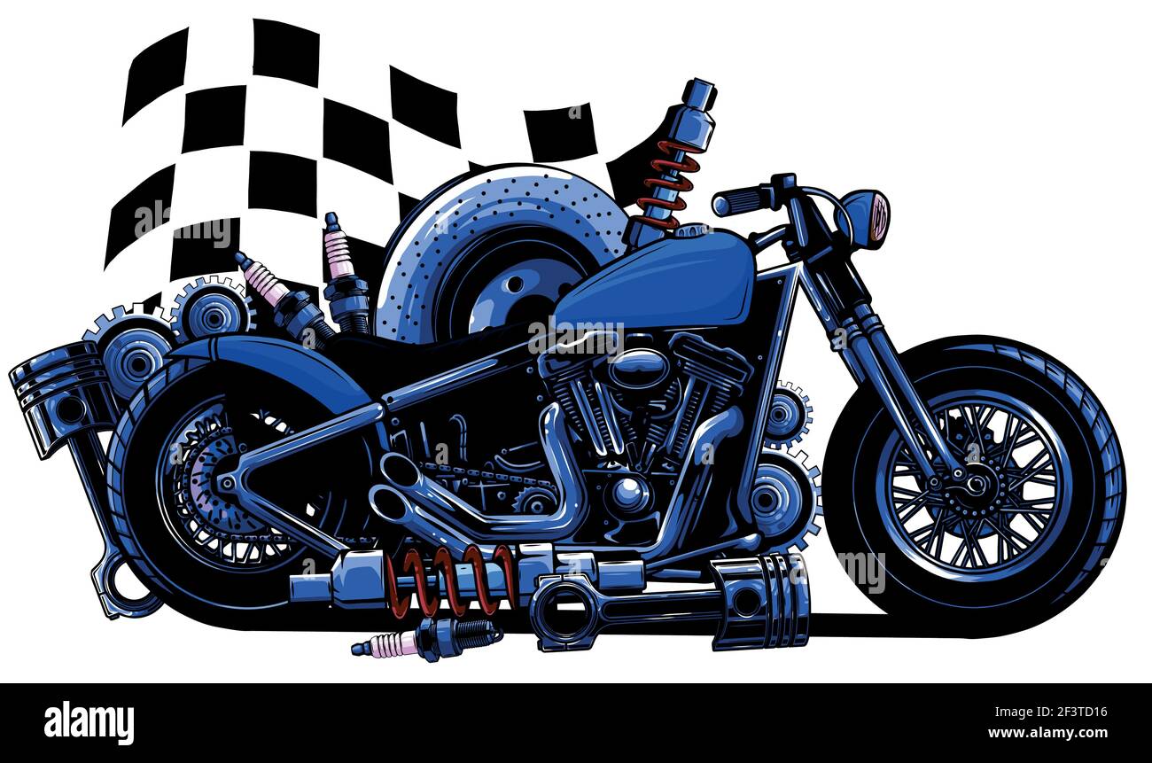 Moto Vector con parti di ricambio e bandiera da gara Illustrazione Vettoriale