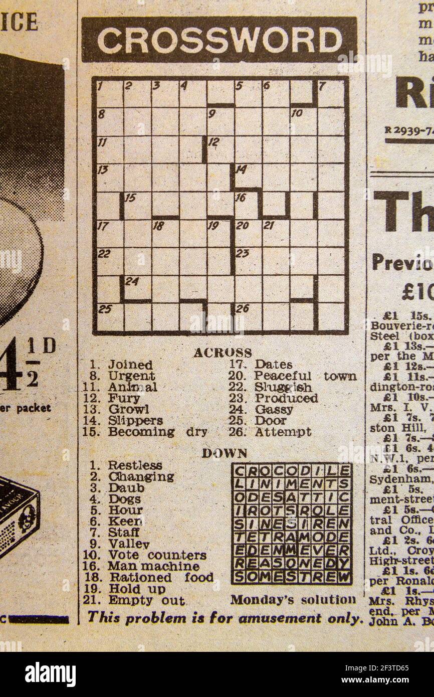 Crossword puzzle nel quotidiano di schizzo (replica), 19 giugno 1940  (durante la battaglia di Gran Bretagna Foto stock - Alamy