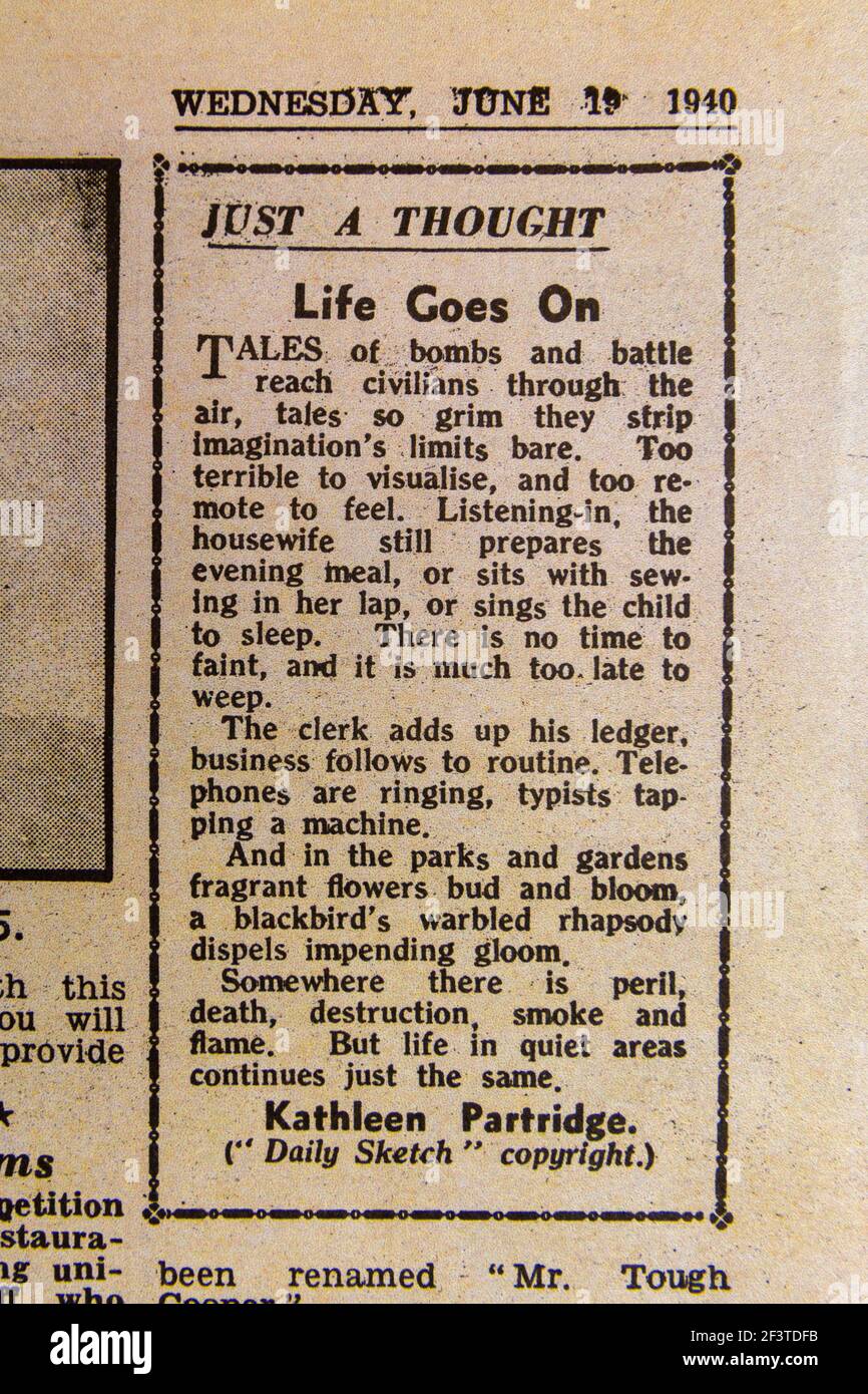 'Just a Thought' (Life Goes on) articolo sul quotidiano Daily Sketch (replica), 19 giugno 1940 (durante la Battaglia di Gran Bretagna). Foto Stock