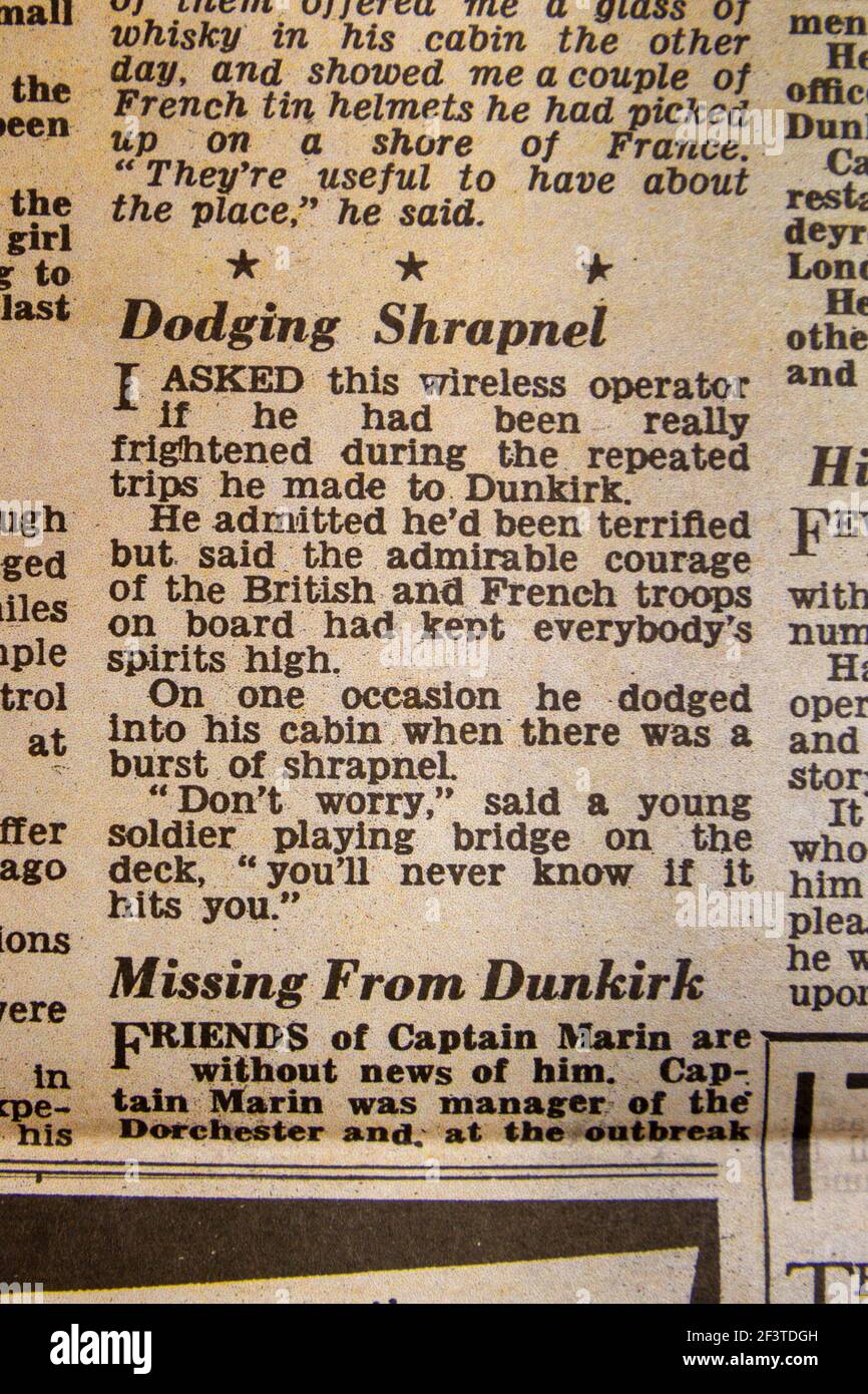 Articolo 'Dodging shrapnel' sull'evacuazione di Dunkerque nel quotidiano Daily Sketch (replica), 19 giugno 1940 (durante la Battaglia di Gran Bretagna). Foto Stock