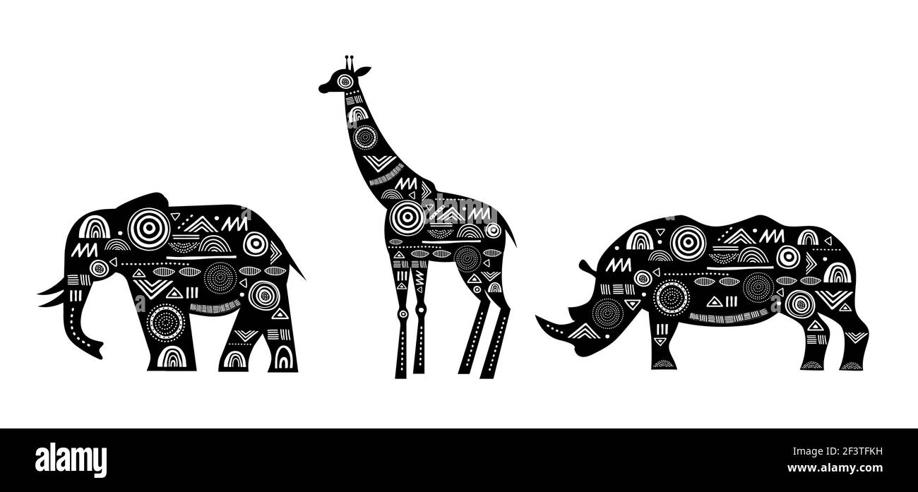 Banner Africa con giraffe a motivi geometrici, elefante e corno di rinoceronte, bandiera tribale bianca e nera Illustrazione Vettoriale