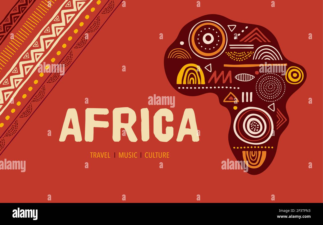Africa mappa modellata. Banner con pattern tribale tradizionale grunge, elementi, concept design Illustrazione Vettoriale
