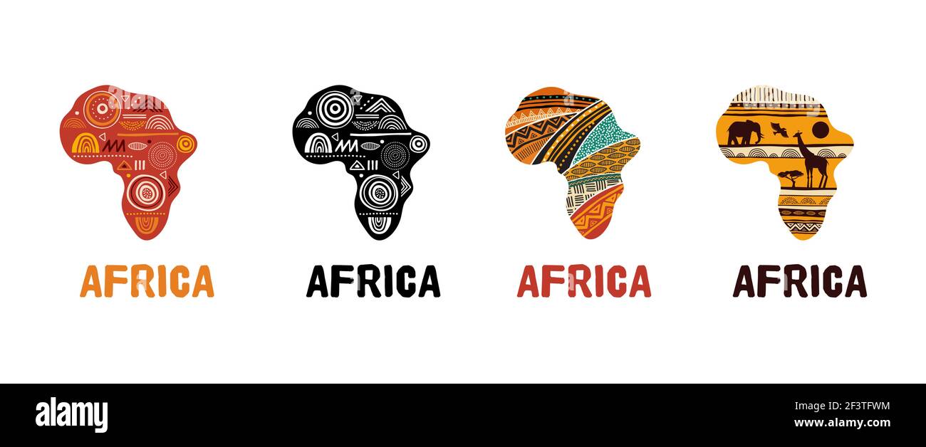 Africa mappa modellata, collezione di logo design. Banner con pattern tribale tradizionale grunge, elementi, concept design Illustrazione Vettoriale