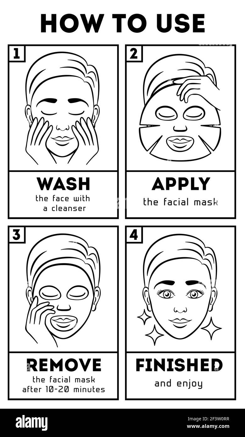 Come usare la maschera facciale del foglio. Istruzioni per bellezza e cura vettoriale. Cura cosmetica, maschera viso, maschera viso, crema maschera illustrazione Illustrazione Vettoriale