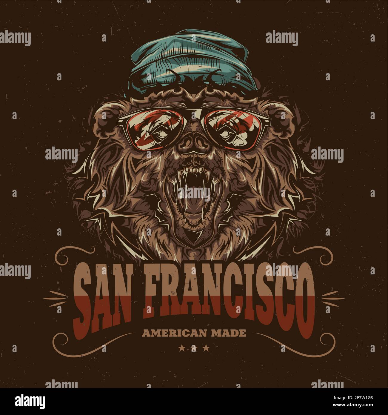 Design etichetta T-shirt con illustrazione dell'orso in stile hipster un cappello e bicchieri Illustrazione Vettoriale