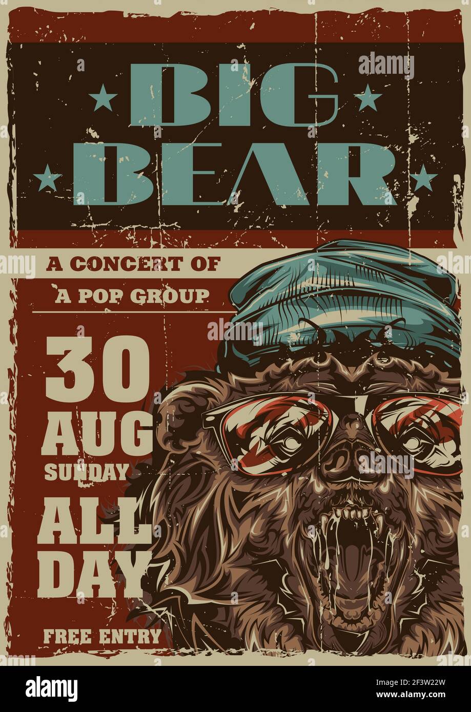 Etichetta poster con illustrazione dell'orso in stile hipster un cappello e bicchieri Illustrazione Vettoriale