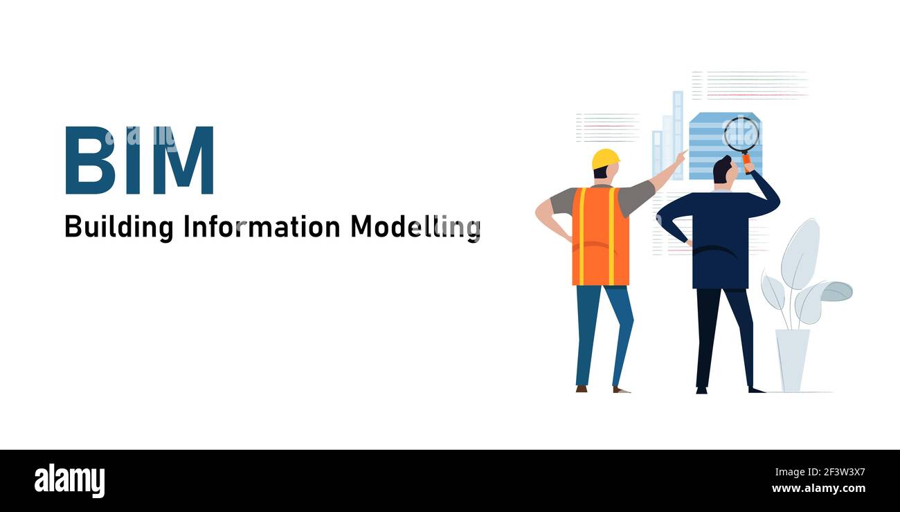 BIM costruire informazioni modellazione architetto indossare casco progettazione revisione riunione software di costruzione Illustrazione Vettoriale